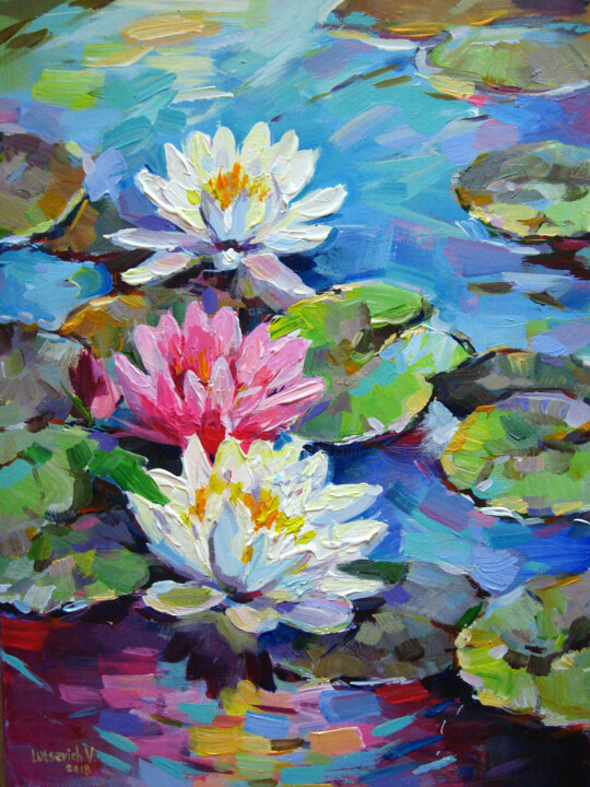 Pintura intitulada "Water lilies on the…" por Vladimir Lutsevich, Obras de arte originais, Acrílico