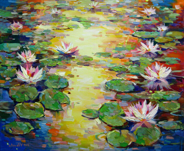 Painting titled "Evening pond with l…" by Vladimir Lutsevich, Original Artwork, Oil