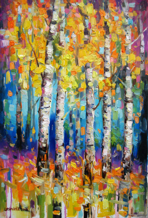 Pintura titulada "Birches. Autumn day." por Vladimir Lutsevich, Obra de arte original, Oleo