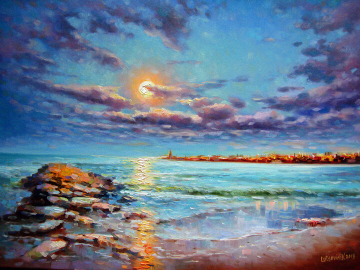 Malarstwo zatytułowany „Moonrise over the s…” autorstwa Vladimir Lutsevich, Oryginalna praca, Olej