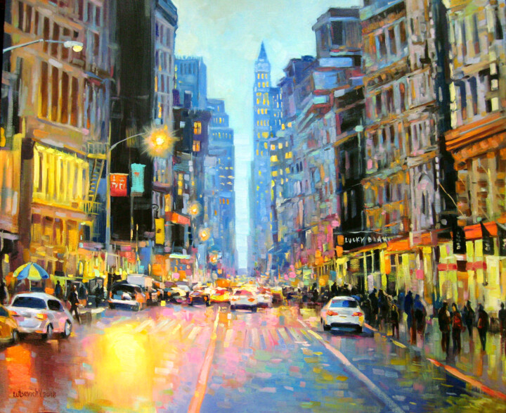 Peinture intitulée "Evening city new Yo…" par Vladimir Lutsevich, Œuvre d'art originale, Huile