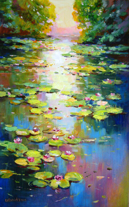 Painting titled "Pond with water lil…" by Vladimir Lutsevich, Original Artwork, Acrylic