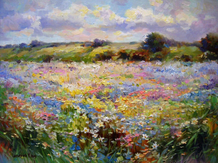 Pittura intitolato "Flowering meadow" da Vladimir Lutsevich, Opera d'arte originale, Olio