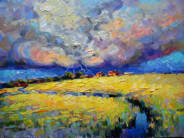 Malarstwo zatytułowany „Landscape with thun…” autorstwa Vladimir Lutsevich, Oryginalna praca, Olej