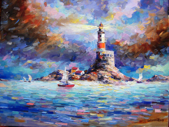 Картина под названием "Lighthouse at sea-2" - Vladimir Lutsevich, Подлинное произведение искусства, Масло