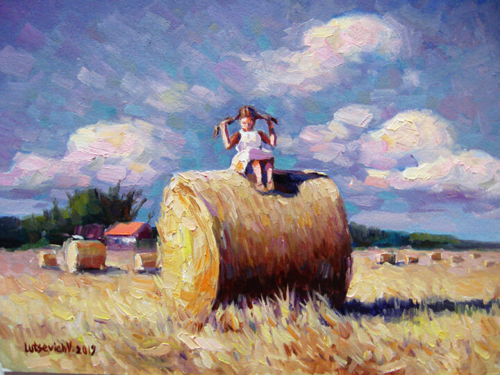 Painting titled "Girl in the hay" by Vladimir Lutsevich, Original Artwork, Oil