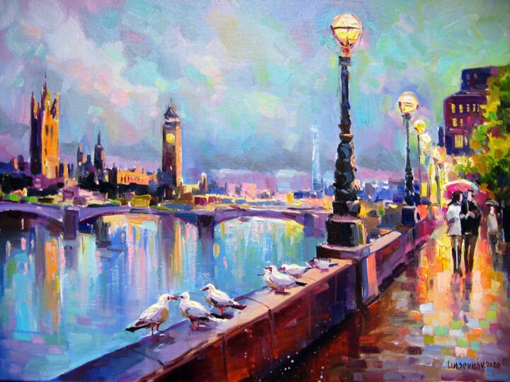 Painting titled "EVENING LONDON. THE…" by Vladimir Lutsevich, Original Artwork, Oil Mounted on Wood Stretcher frame