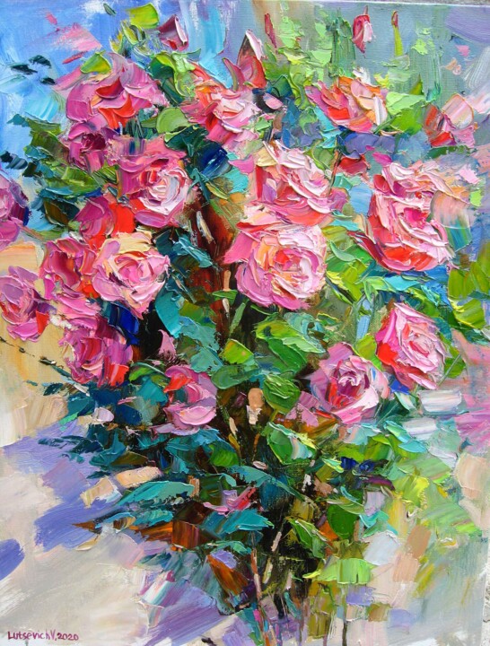 Painting titled "Bouquet of roses" by Vladimir Lutsevich, Original Artwork, Oil