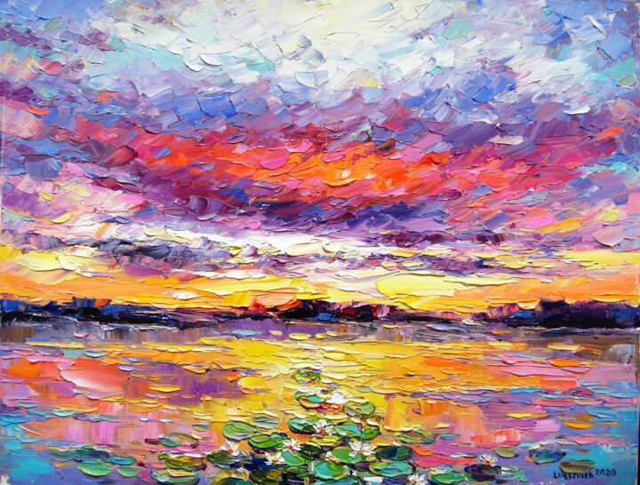 Peinture intitulée "Evening on the Dnie…" par Vladimir Lutsevich, Œuvre d'art originale, Huile