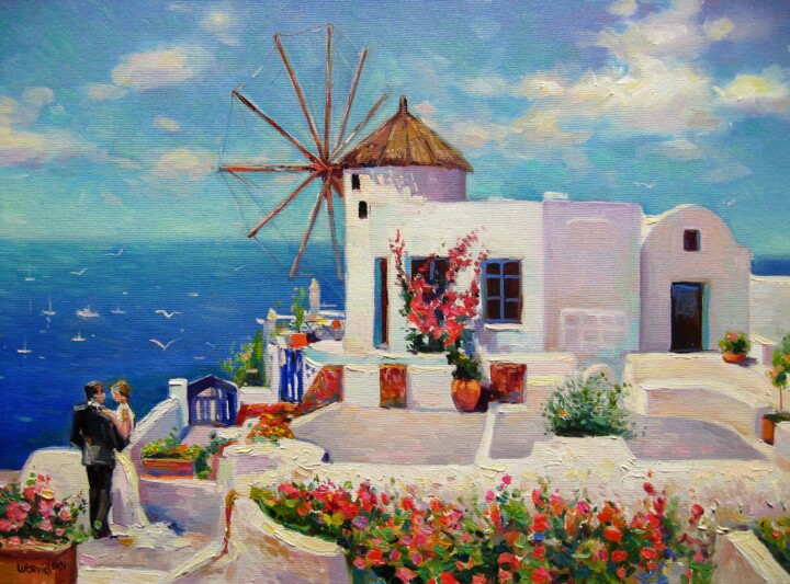 Painting titled "Romance in Greece" by Vladimir Lutsevich, Original Artwork, Oil Mounted on Wood Stretcher frame