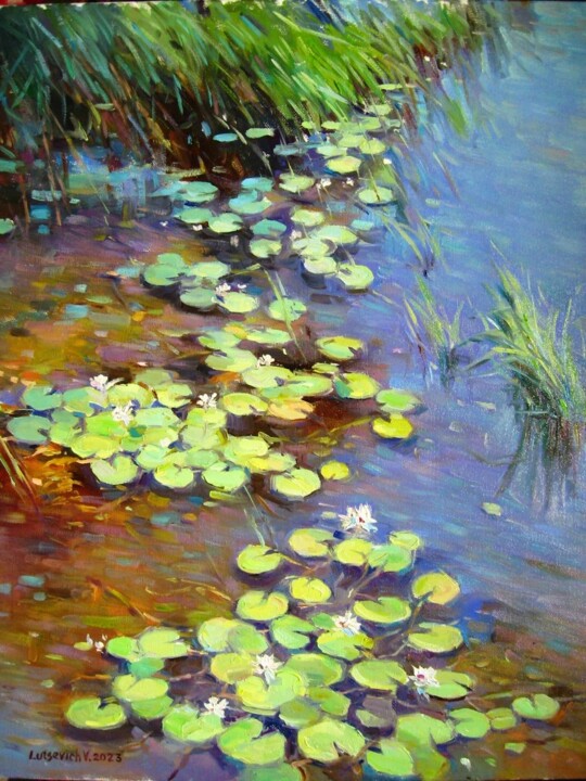 Painting titled "Water lilies. South…" by Vladimir Lutsevich, Original Artwork, Oil Mounted on Wood Stretcher frame