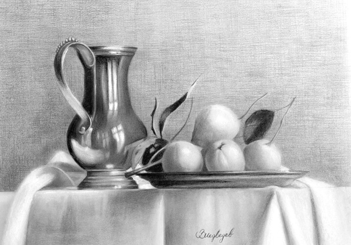 Dessin intitulée "Tangerines on silver" par Vladimir Medvedev, Œuvre d'art originale, Crayon