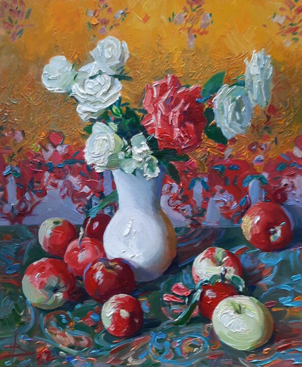 Painting titled "Roses and apples" by Vladimir Natalushko, Original Artwork, Oil