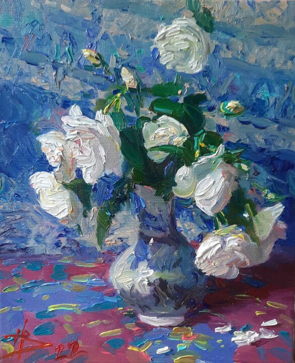 Картина под названием "Чайні троянди" - Vladimir Natalushko, Подлинное произведение искусства, Масло Установлен на Деревянна…