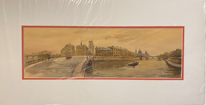 Printmaking titled "Vues de Paris" by Vladimir Oborotov, Original Artwork, Watercolor Mounted on Cardboard