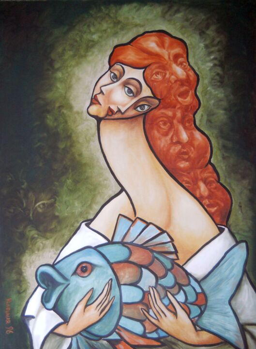 Pintura intitulada "LADY WITH FISH" por Vladimir Pronkin, Obras de arte originais, Óleo