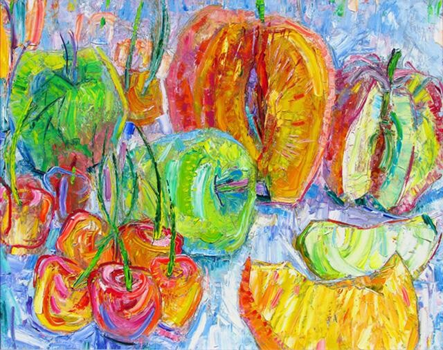 Painting titled "Apples+Peach+Cherry" by Vladimir Shahinyan, Original Artwork
