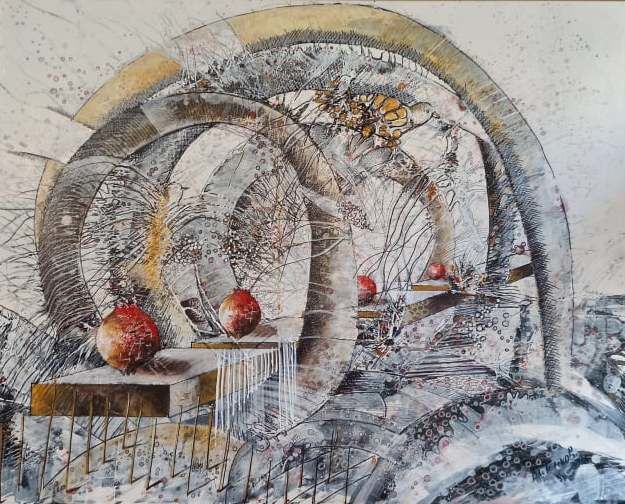 Malarstwo zatytułowany „Pomegranates” autorstwa Vladimir Temkov, Oryginalna praca, Akryl Zamontowany na Drewniana rama noszy