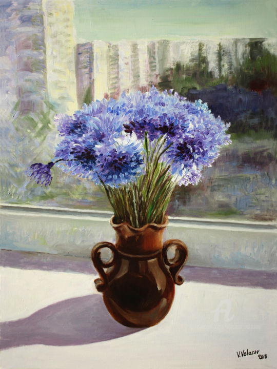 Painting titled "Blue Cornflowers" by Vladimir Volosov, Original Artwork, Oil Mounted on Wood Stretcher frame
