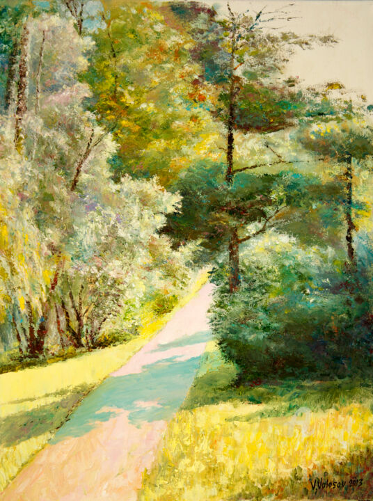 Painting titled "Sunny avenue" by Vladimir Volosov, Original Artwork, Oil Mounted on Wood Stretcher frame