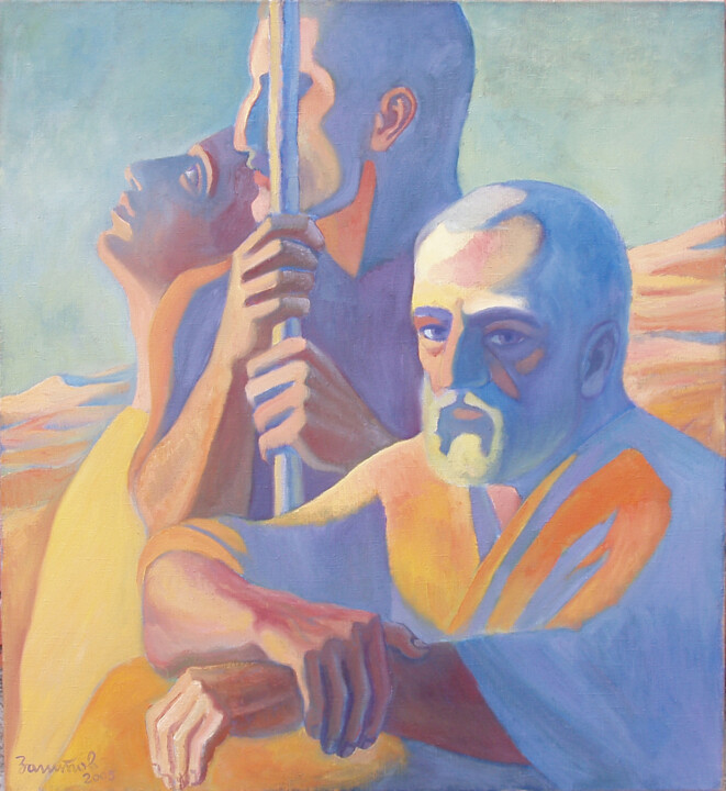 Painting titled "Shepherds (Time)" by Vladimir Zagitov, Original Artwork, Oil Mounted on Wood Stretcher frame