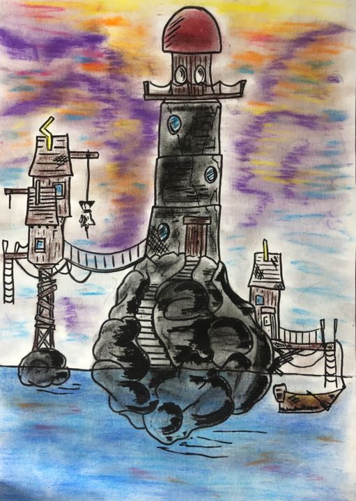 Rysunek zatytułowany „Lighthouse” autorstwa Vladimir Goldfeld, Oryginalna praca, Wosk