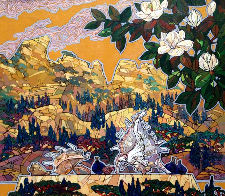 Картина под названием "Белая магнолия" - Vladimir Kolesnikov, Подлинное произведение искусства, Масло