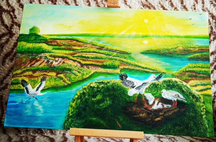 Картина под названием "Аисты у реки" - Владимир Владимирович, Подлинное произведение искусства, Акрил
