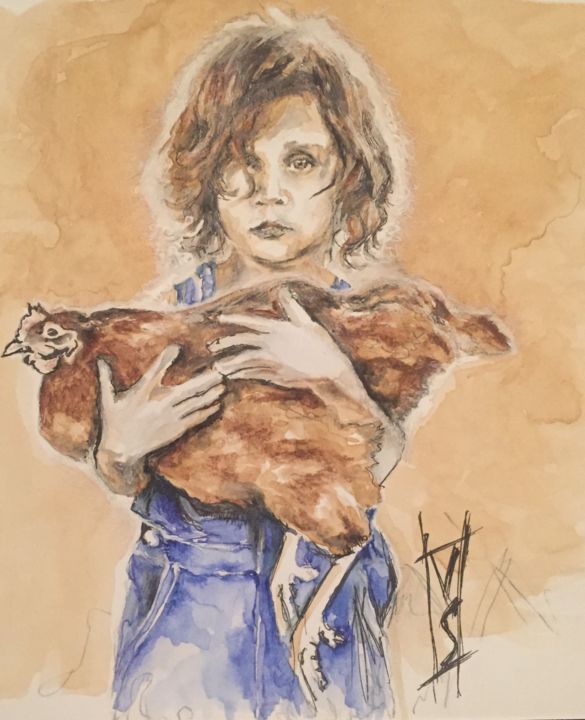 Dessin intitulée "girl with chicken.j…" par Vladimir Sudakov, Œuvre d'art originale, Stylo à bille