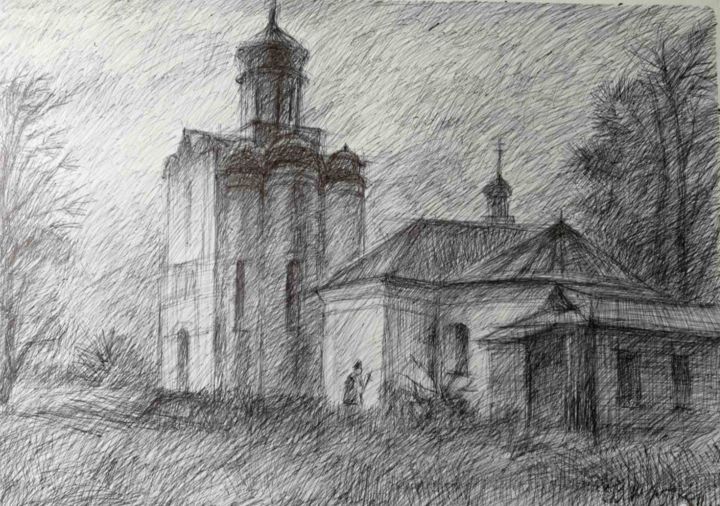 Картина под названием ""Пейзаж с храмом"" - Владимир Трутко, Подлинное произведение искусства, Шариковая ручка