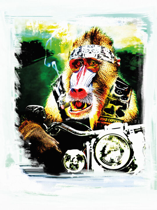 Arts numériques intitulée "MONKEY BIKER CAPTAIN" par Vladislas, Œuvre d'art originale, Travail numérique 2D