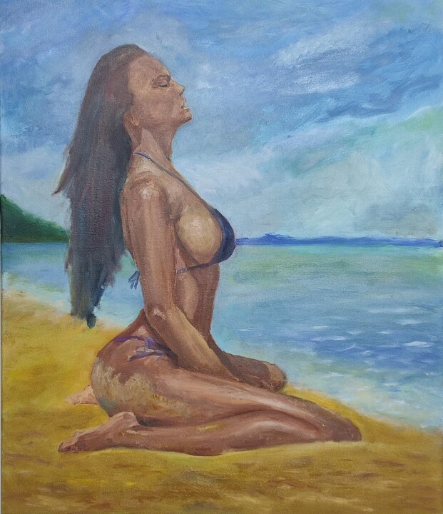 Painting titled "girl on the beach" by Vladislav Guzeev, Original Artwork, Oil Mounted on Wood Stretcher frame