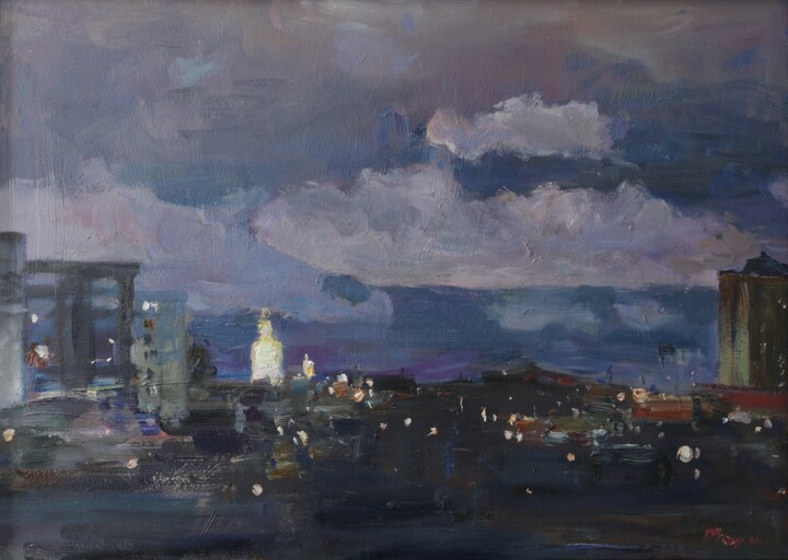 Malerei mit dem Titel ""Night Kyiv"" von Vladislav Zdor, Original-Kunstwerk, Öl