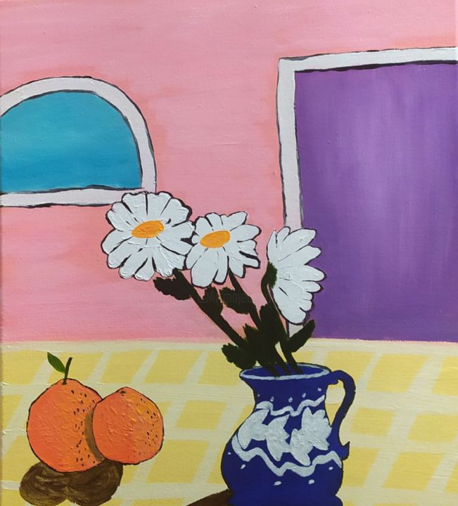 Painting titled "daisies" by Vlada Popova, Original Artwork, Oil Mounted on Wood Stretcher frame
