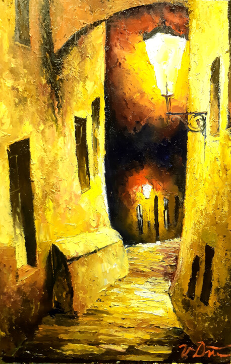 Pittura intitolato "Street at night" da Vladislav Dmitrijev, Opera d'arte originale, Olio