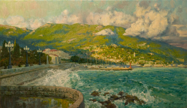 Peinture intitulée "Embankment of Yalta" par Vladlen Gilgur, Œuvre d'art originale, Huile