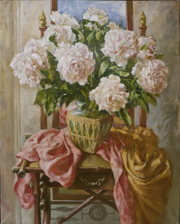 Painting titled "Белые пионы" by Vladlen Gilgur, Original Artwork, Oil