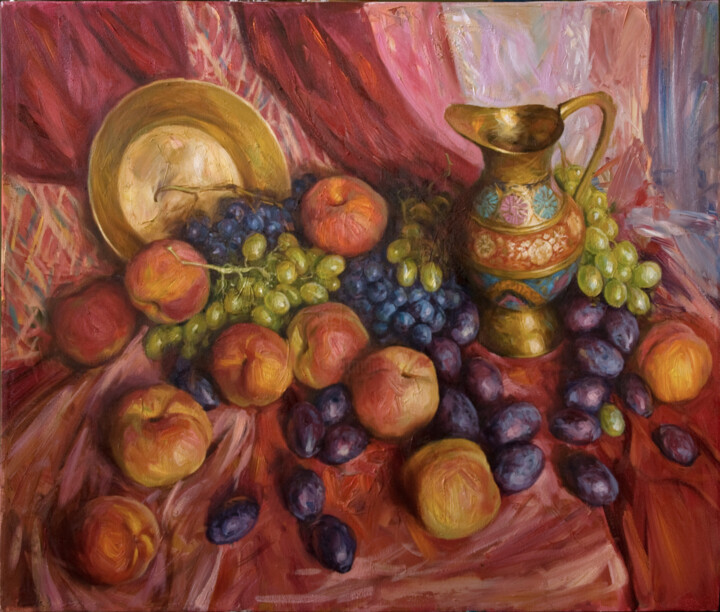 Painting titled "Персики и виноград" by Vladlen Gilgur, Original Artwork, Oil