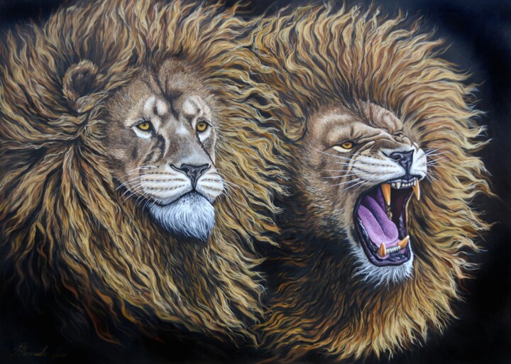 Malarstwo zatytułowany „Lions” autorstwa Vladlena Chanysheva, Oryginalna praca, Olej Zamontowany na Drewniana rama noszy