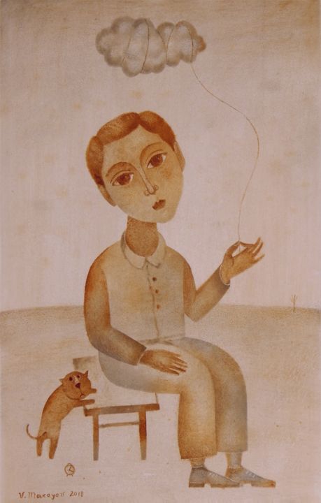Painting titled "Boy with a cloud. М…" by Vladimir Makeyev, Original Artwork, Oil
