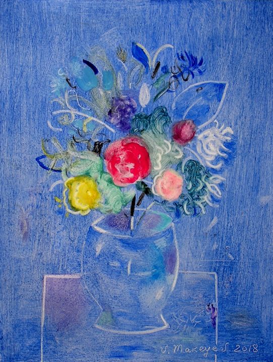 Картина под названием "Small blue bouquet." - Vladimir Makeyev, Подлинное произведение искусства, Масло