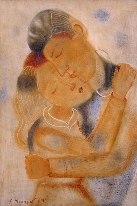 Painting titled "The kiss." by Vladimir Makeyev, Original Artwork, Oil