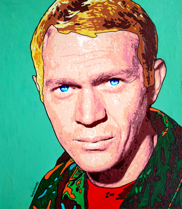 Painting titled "Steve McQueen" by Vlado Vesselinov, Original Artwork, Oil Mounted on Wood Stretcher frame