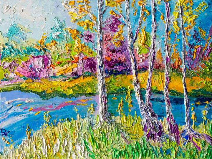 Painting titled "Birches" by Vladyslav Durniev, Original Artwork, Oil Mounted on Wood Stretcher frame