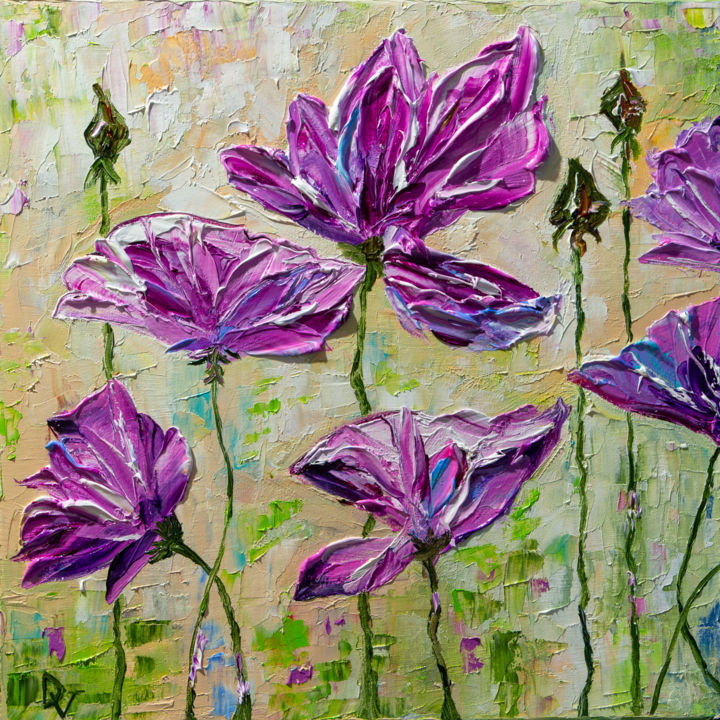 Painting titled "Purple flowers" by Vladyslav Durniev, Original Artwork, Oil Mounted on Wood Stretcher frame