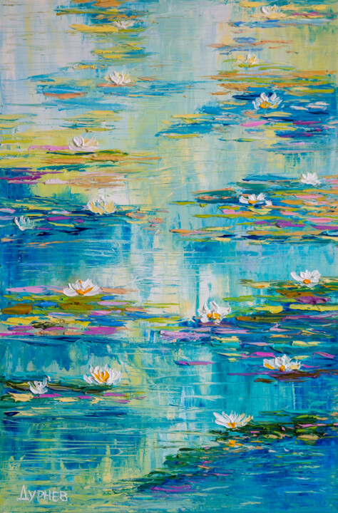 Painting titled "Blue pond" by Vladyslav Durniev, Original Artwork, Oil Mounted on Wood Stretcher frame