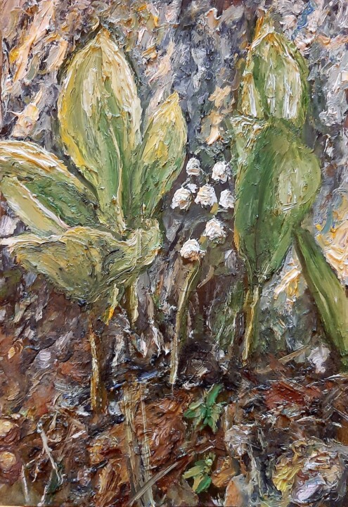 Картина под названием "Ландыш в корнях дуба" - Вячеслав Власов, Подлинное произведение искусства, Масло