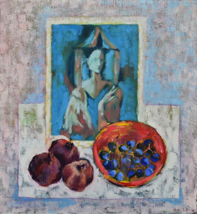 Painting titled "Grapes" by Vlasta, Original Artwork, Oil Mounted on Wood Stretcher frame