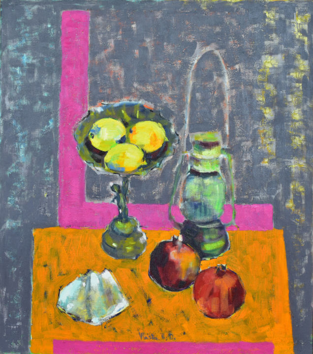 Painting titled "Still Life with Lem…" by Vlasta, Original Art, Oil Mounted on Stretcher frame