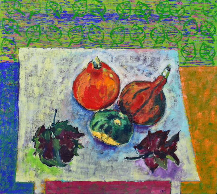 Painting titled "Pumpkins" by Vlasta, Original Artwork, Oil Mounted on Wood Stretcher frame